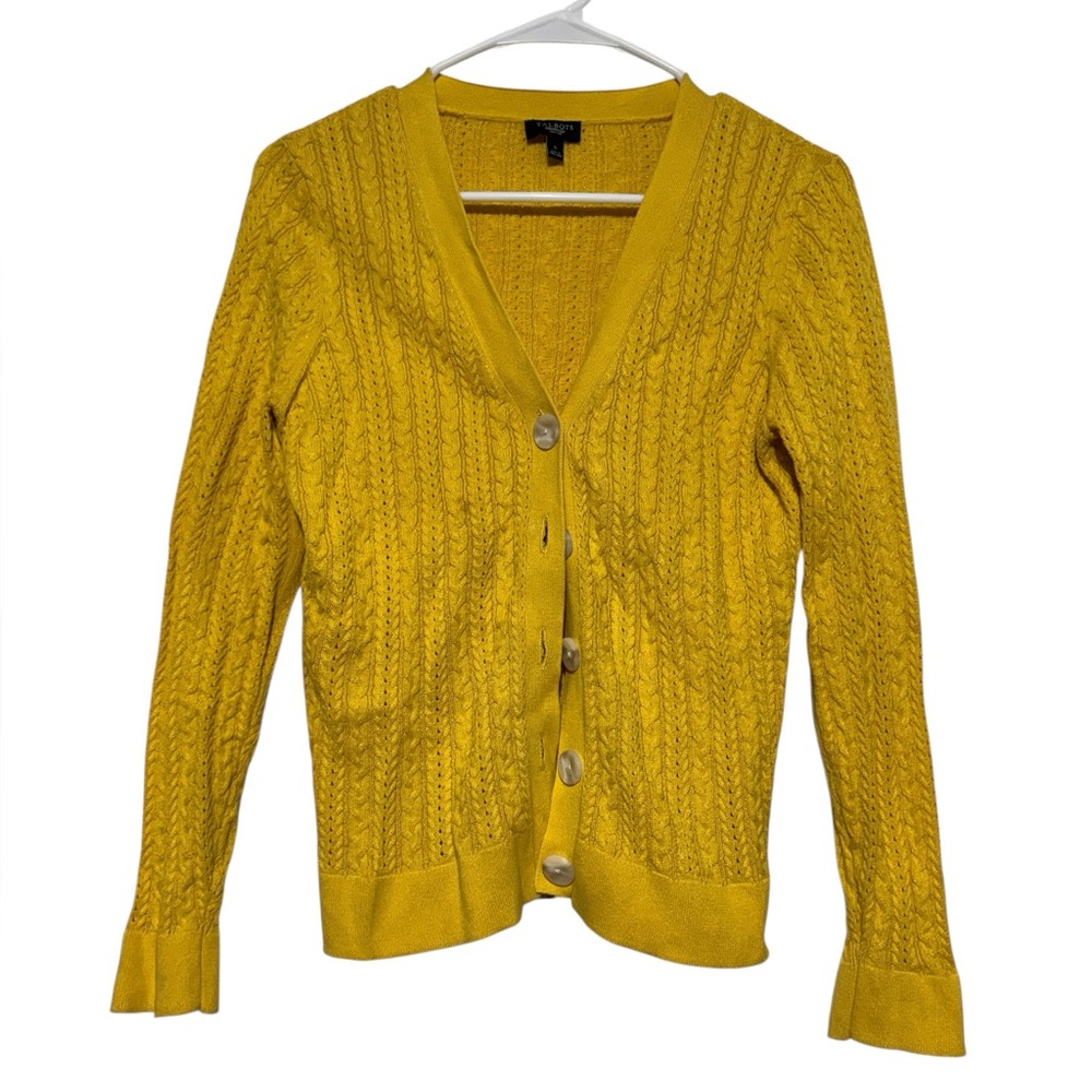Talbots Knit Cottagecore Button Cardigan Sweater Size S Mustard Yellow Coquette